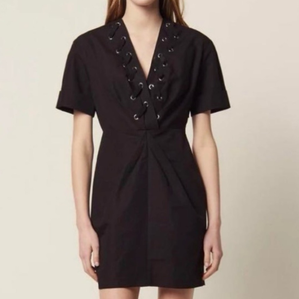 COPY - SANDRO Paris Clara Black Lace-Up Surplice Neckline Short Sleeve Mini Dre…